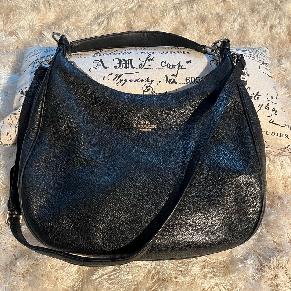 COACH - Large Black Pebble Leather Hobo Tote.